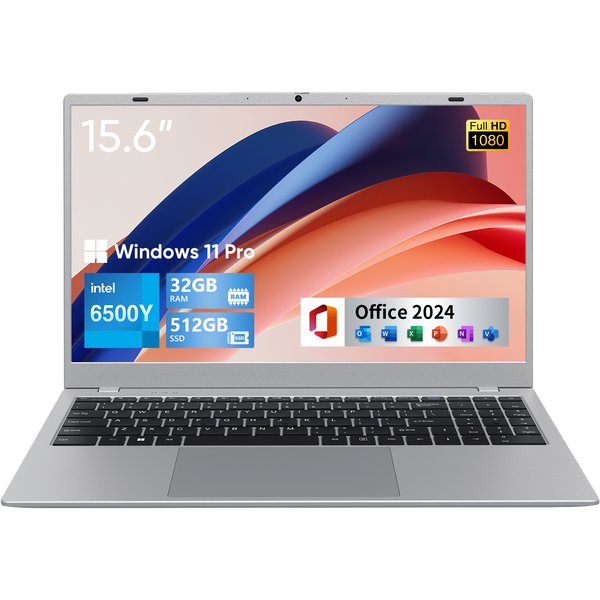 uowamou 15.6" laptop with windows 11 pro, intel 6500y processor, 32gb ram, 512gb ssd, and pre-installed office 2024.