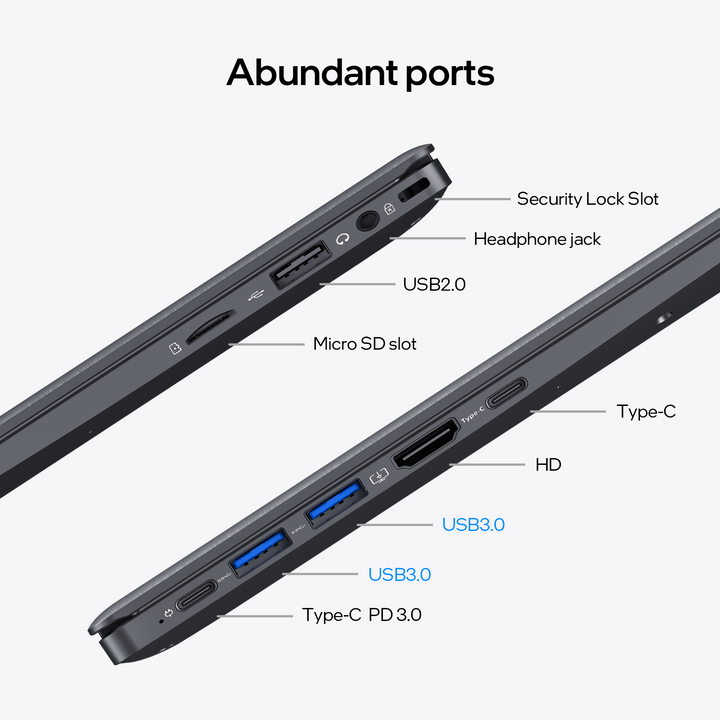 uowamou abundant ports include dual usb 3.0, type-c with pd 3.0, hdmi, headphone jack, micro sd slot, and security lock