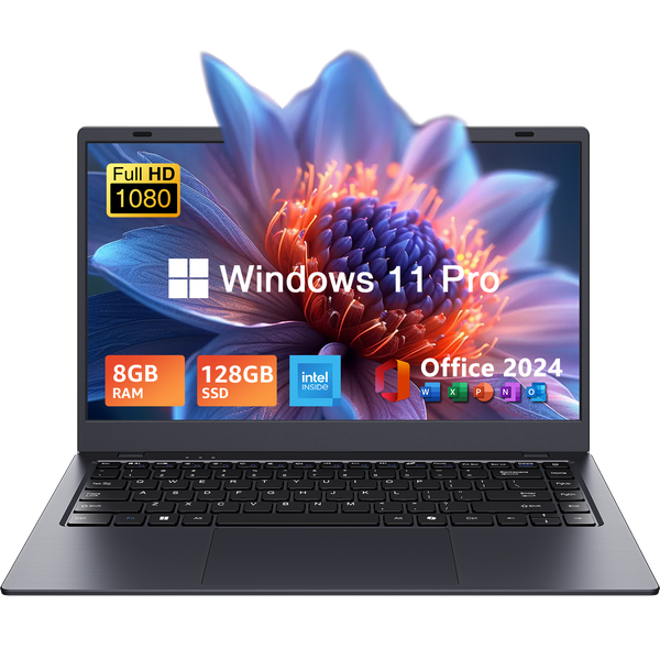 uowamou laptop with windows 11 pro, 8gb ram, 128gb ssd, intel processor, pre-installed office 2024, and full hd 1080p display