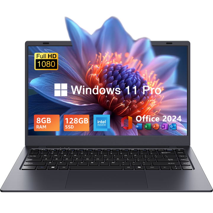 uowamou laptop with windows 11 pro, 8gb ram, 128gb ssd, intel processor, pre-installed office 2024, and full hd 1080p display