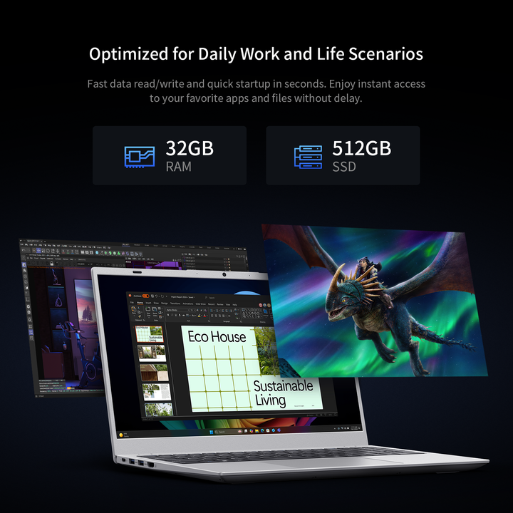 uowamou optimized for daily use with 32gb ram and 512gb ssd for fast startup, quick app loading, and instant file access