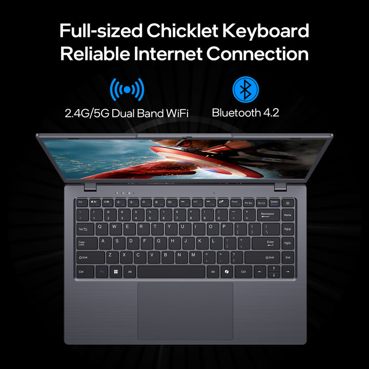 uowamou with a full-sized chicklet keyboard and reliable wireless connectivity via 2.4g/5g dual-band wifi and bluetooth 4.2