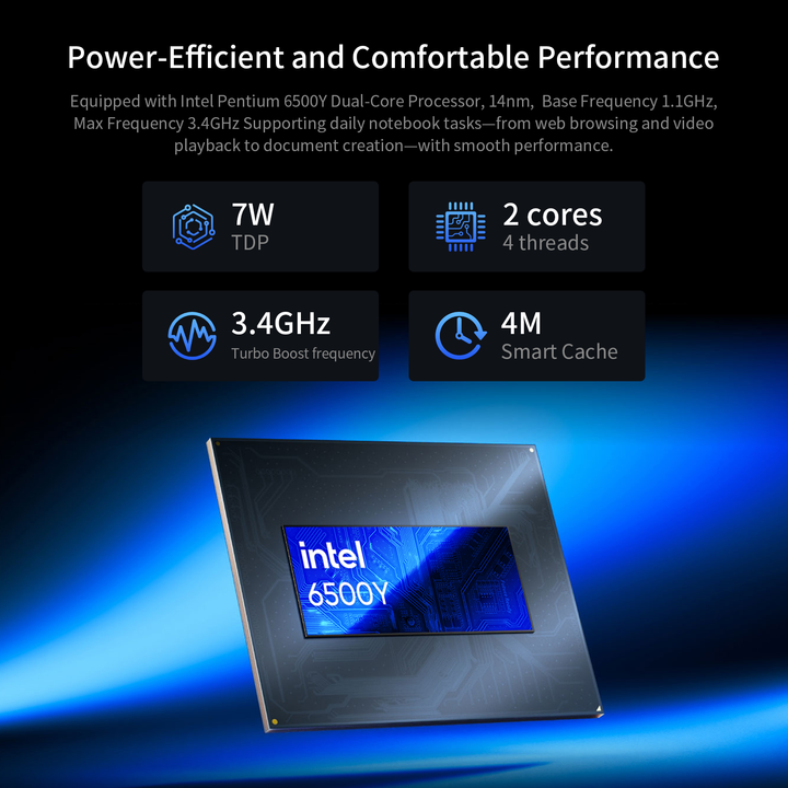 uowamou with power-efficient intel pentium 6500y dual-core processor (1.1ghz base, up to 3.4ghz turbo, 7w tdp) for smooth daily computing